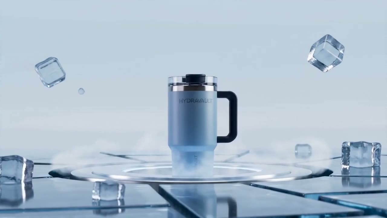 Iced tumbler surrounded by suspended ice in a premium product campaign